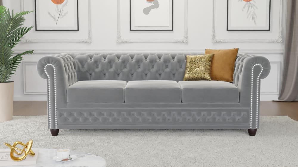 3-Sitzer Chesterfield Sofa aus Samt-Bezug, Grau - Maisons Du