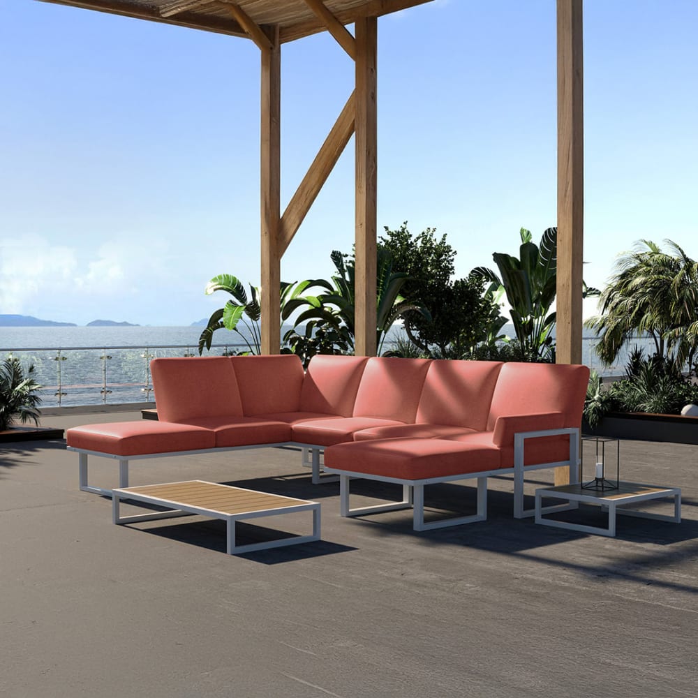 Mesonica XL Panorama-Sofa korallenfarben mit weißem Gestell style industrial Rot Stoff