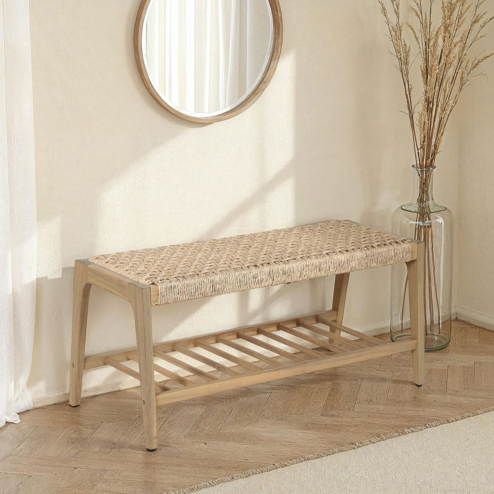 Banc int/ext en bois d'acacia et résine tressée L100cm - Bois clair