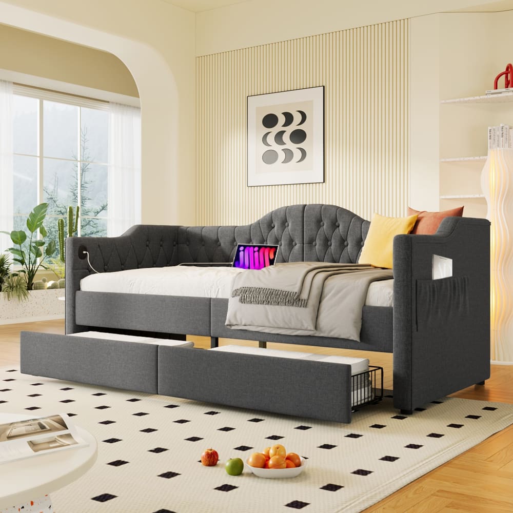MODFU Kinderschlafsofa leinen 90x190 cm, grauem mit 2 Schubladen style modern Baby -