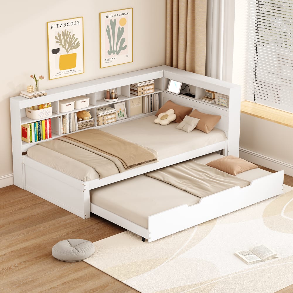 MODFU Kinderbett sofa Kiefer Bett 90x200 cm, weiß mit USB-steckdose style modern Spanplatte Baby