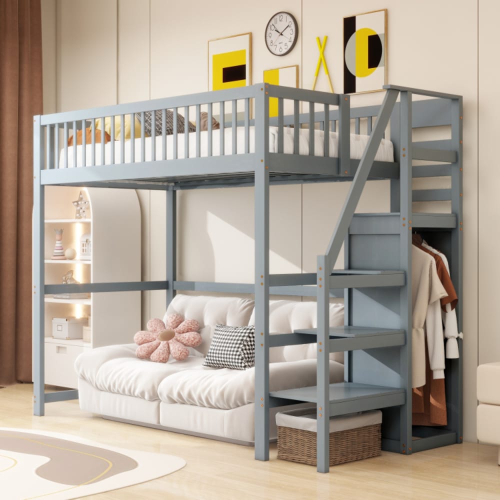 Hochbett Holz 90x200 cm, grau mit Stauraum und Treppe - Maisons