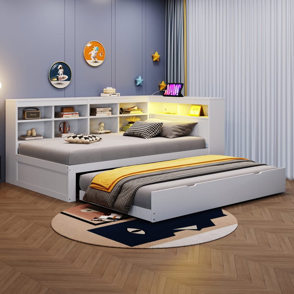 MODFU Kinder Schlafsofa aus holz 90x200 cm, weiß mit Ausziehbett und LED style modern Spanplatte Baby