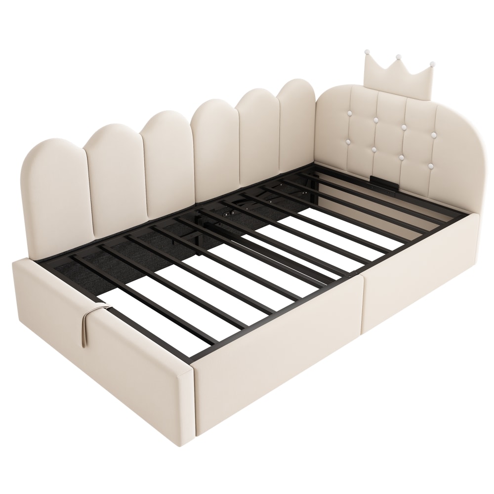 Lit coffre 90x200 cm, rangements et sommier à lattes, velours beige
