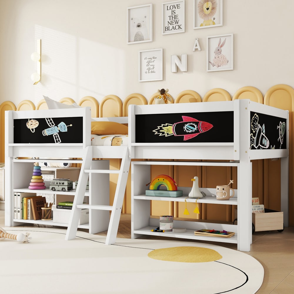 MODFU Kinderbett aus Kiefernholz 90×200 cm, weiß mit Regalen style modern Spanplatte Baby