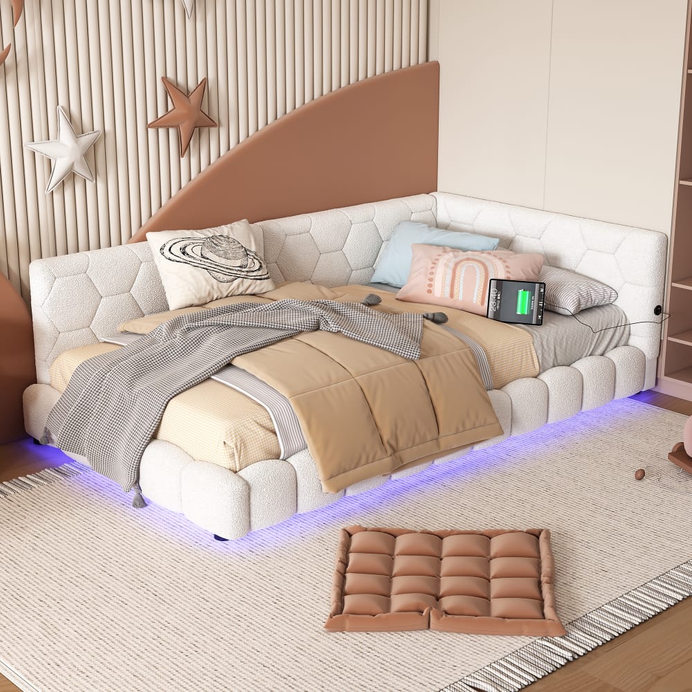 MODFU Schlafsofa aus Samt 90x200 cm, weiß mit LED-beleuchtung und USB style modern Samt Baby