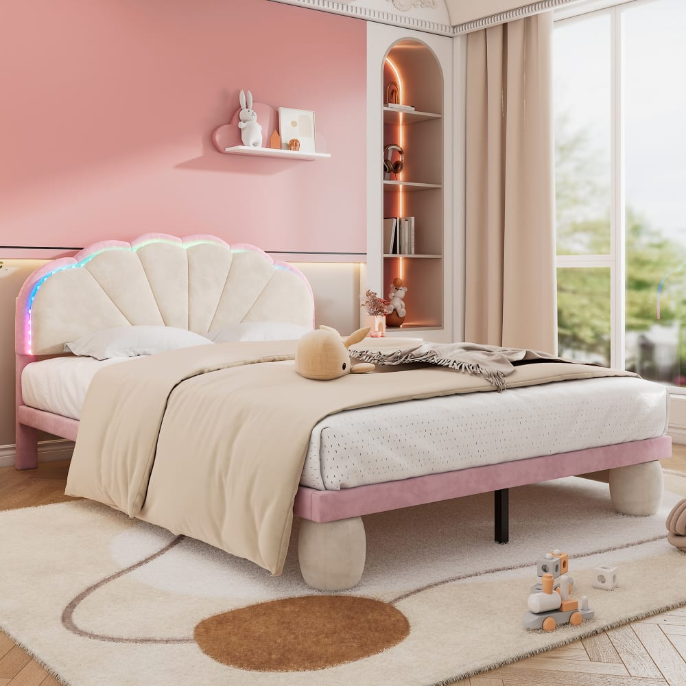 MODFU Kinderbett in Samt 140x200 cm, beige und rosa mit LED style modern WEISS SAMT Baby