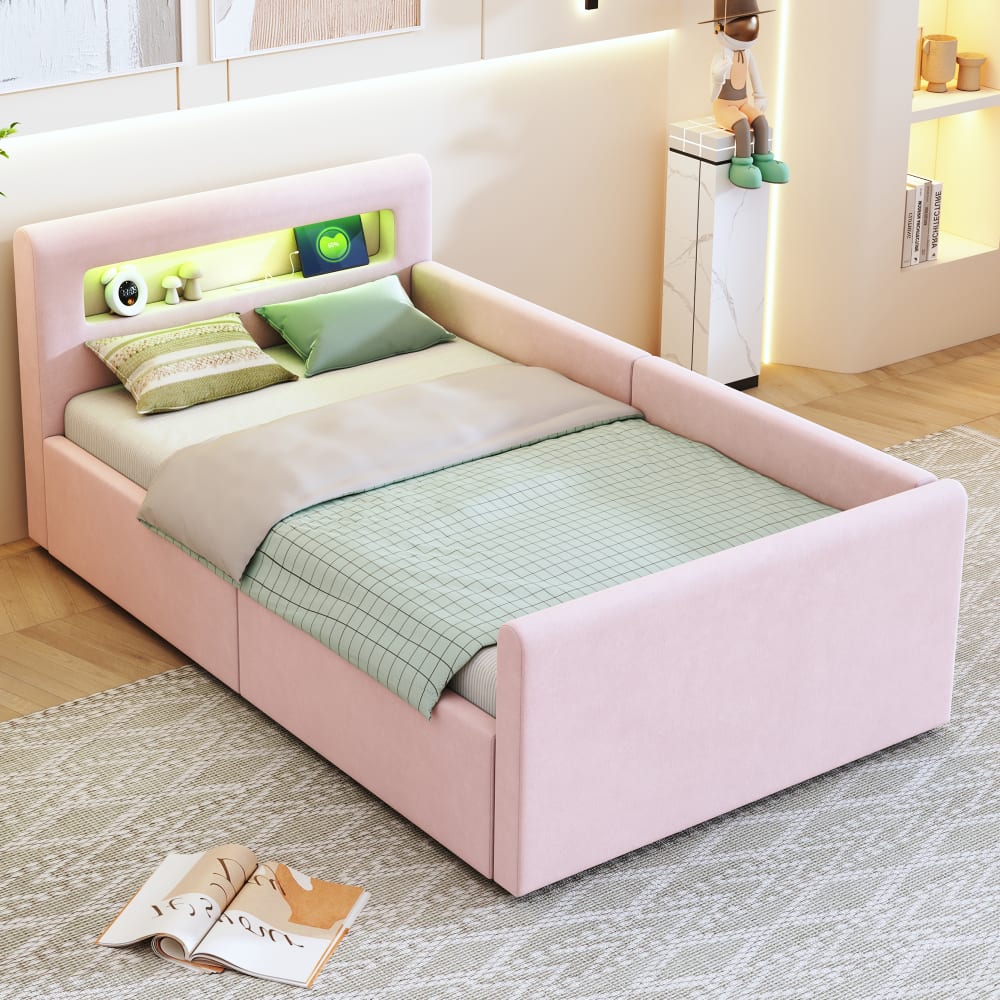 Kinderbett aus Samtstoff 90 x 200 cm mit LED-Licht und USB, Rosa