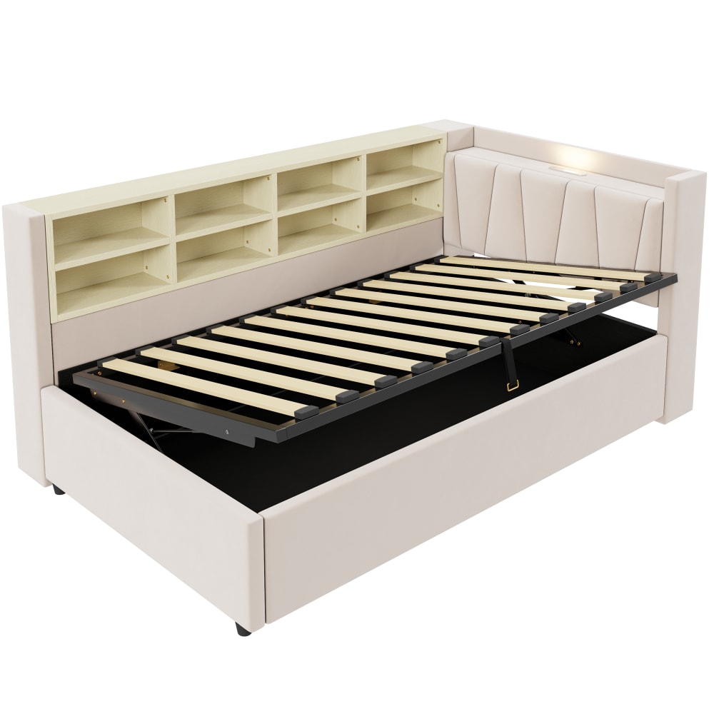 Lit enfant en velours beige, 90x200 cm, avec rangement et led