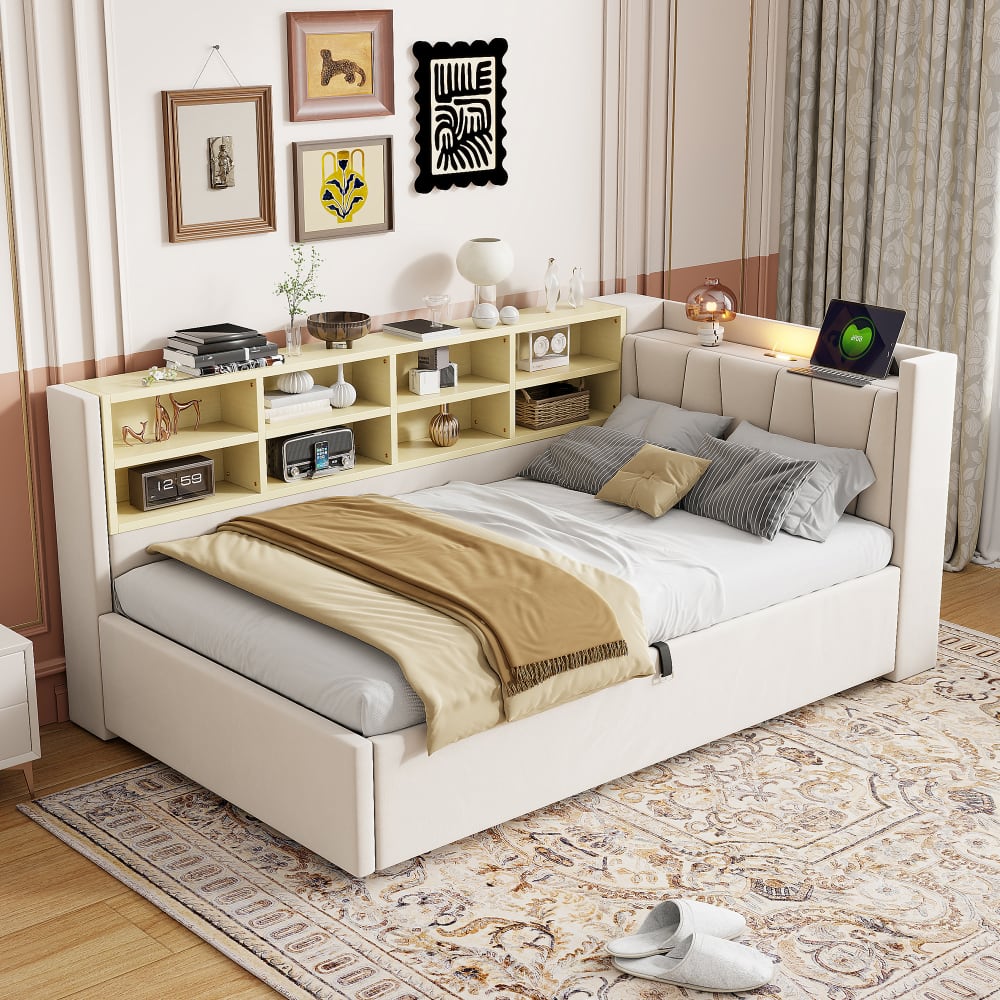 Schlafsofa aus Samt 90 x 200 cm, beige USB und Typ-C - Maisons Du