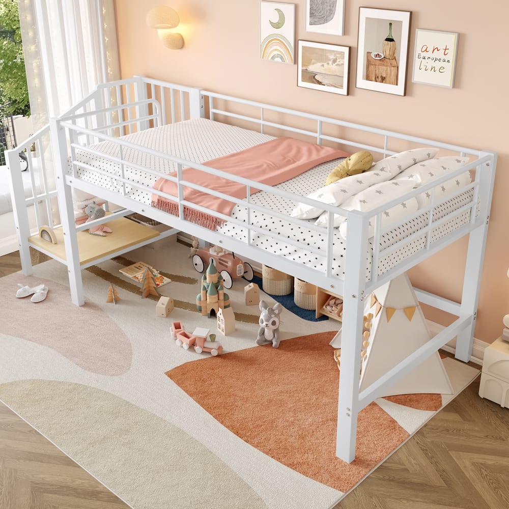 Hochbett Metall 90x200 cm, weiß mit Treppe zum Verstauen -