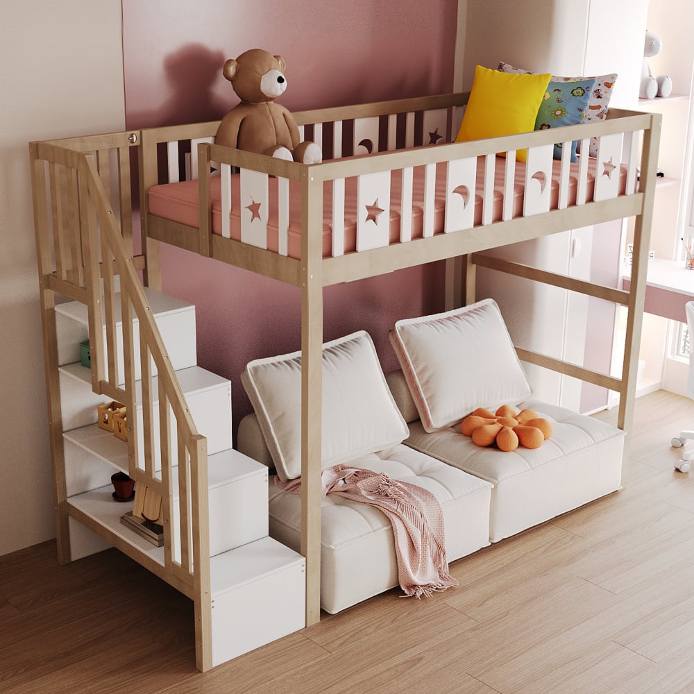 Etagenbett Holz 90×200 cm, weißem und natürlichem mit Stauraum -