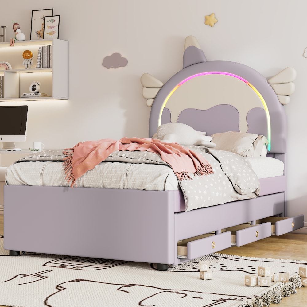 Ausziehbett Leder 90x200 cm, lila mit 3 Schubladen - Maisons Du