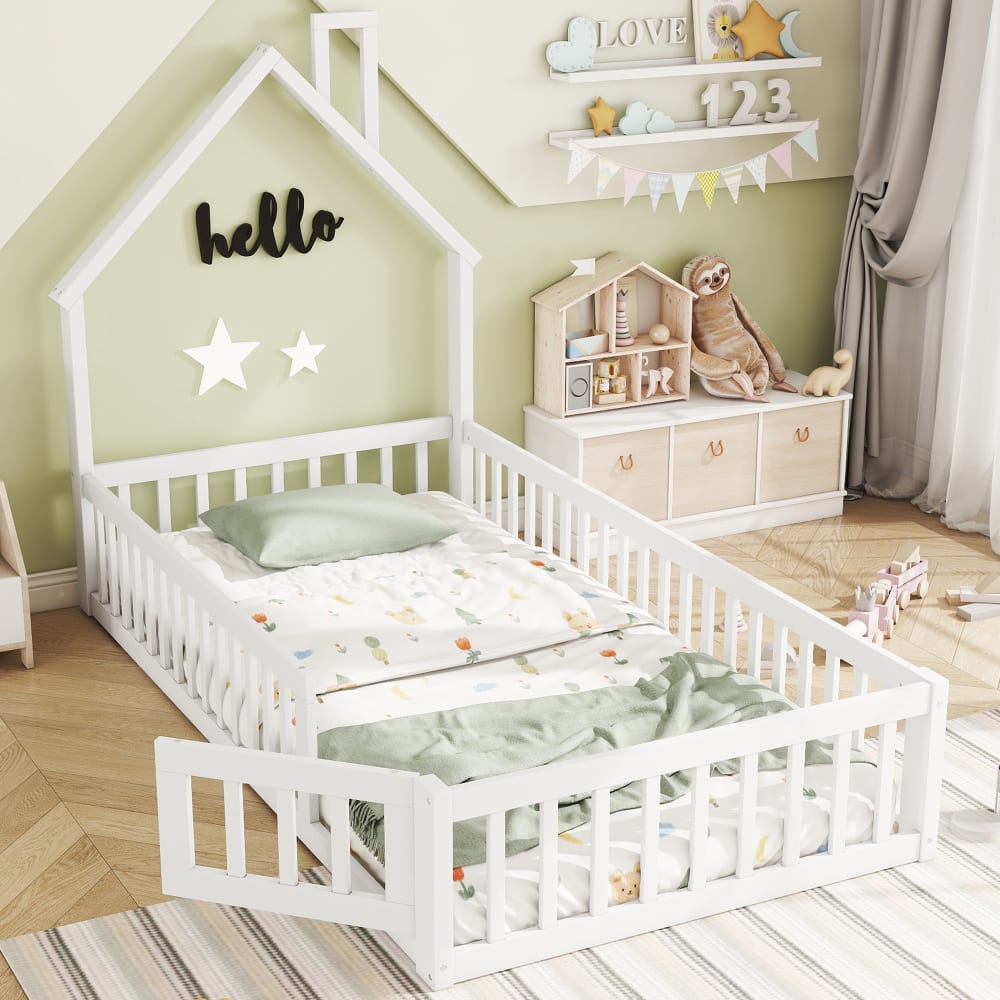 MODFU Kinderbett Kiefer 90x200 cm, weiß mit Lattenrost style modern Spanplatte Baby