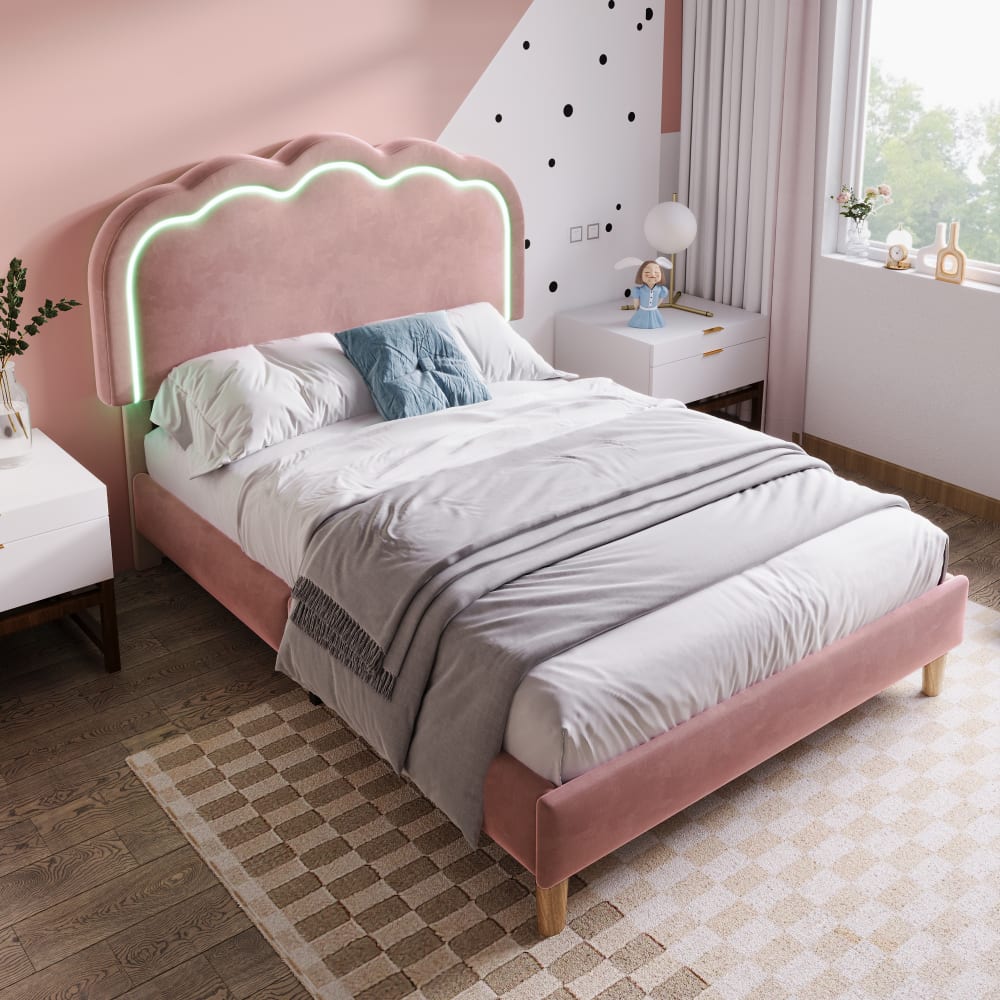 Kinderbett Samtstoff 90x190 cm, rosa mit LED - Maisons Du Monde
