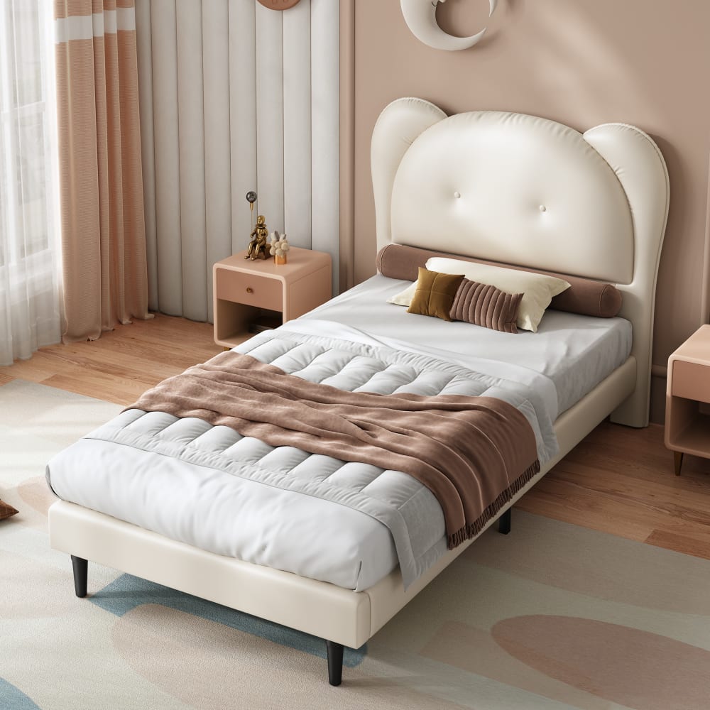 Kinderbett Kunstleder 90x200 cm, beige mit Lattenrost - Maisons