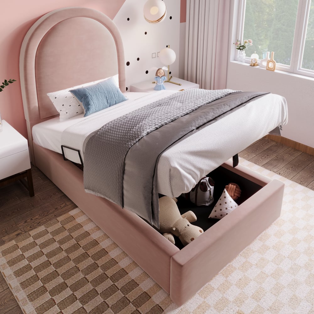 MODFU Kinderbett Samt 90x200 cm, rosa mit Stauraum style modern Samt Baby