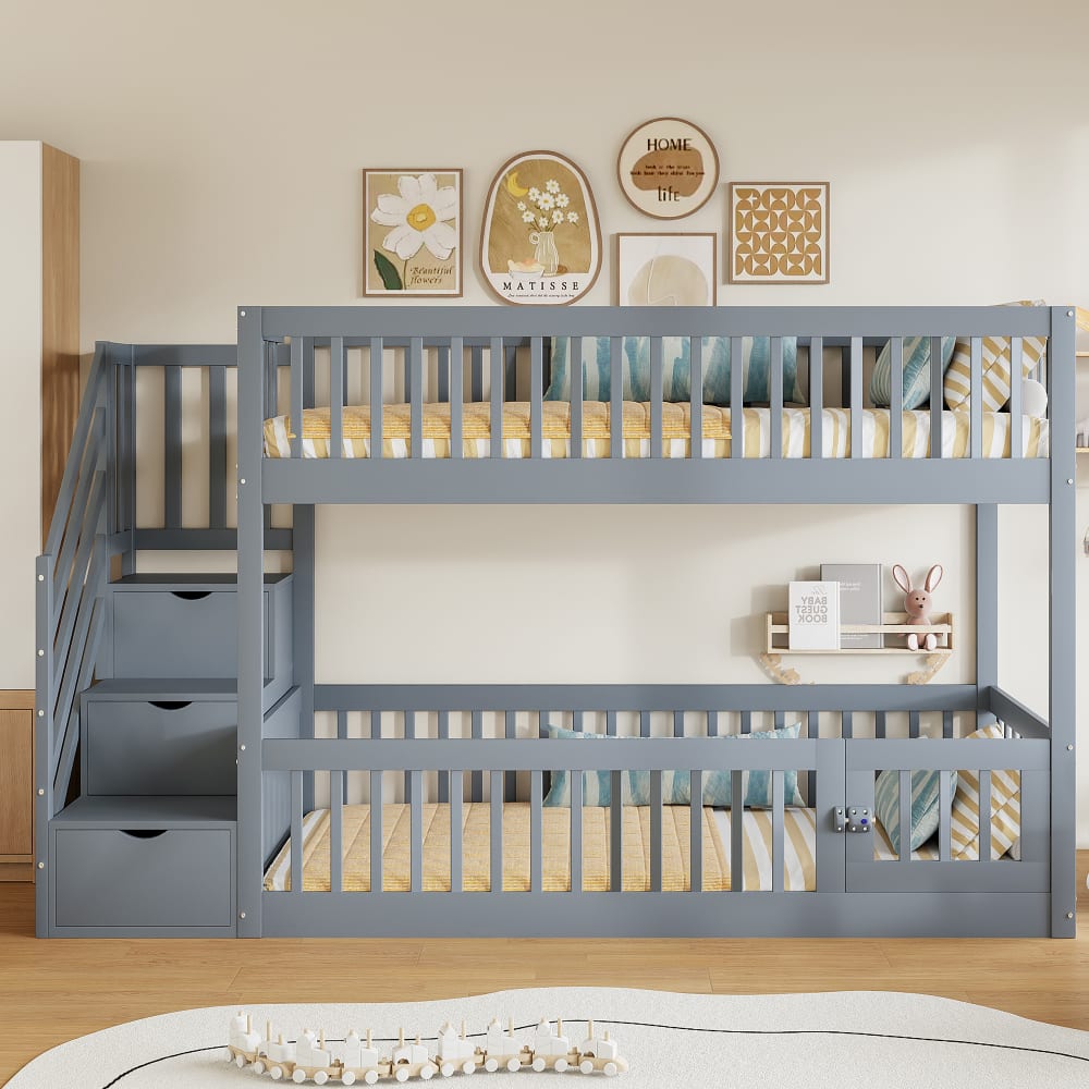 MODFU Hochbett aus Holz 90×200 cm, graues mit Stauraum style modern Spanplatte Baby