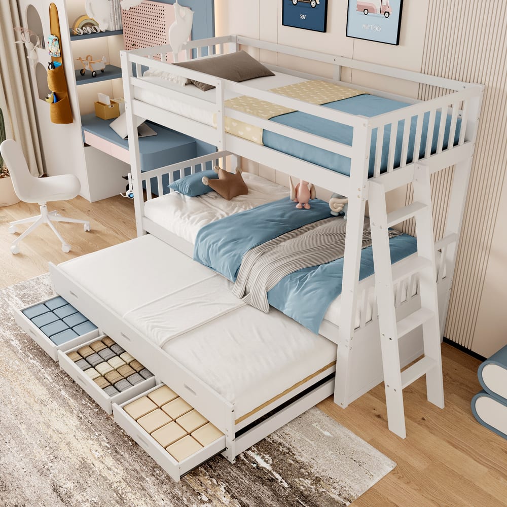 MODFU Kinderbett etagenbett Holz 90x200 cm, weiß mit ausziehbarem bett style modern Spanplatte Baby