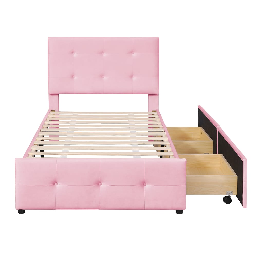 Lit enfant en velours - rose tiroirs