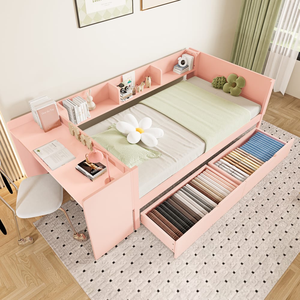 Kinderbett aus Holz 90x200 cm, rosa mit Schreibtisch und 2