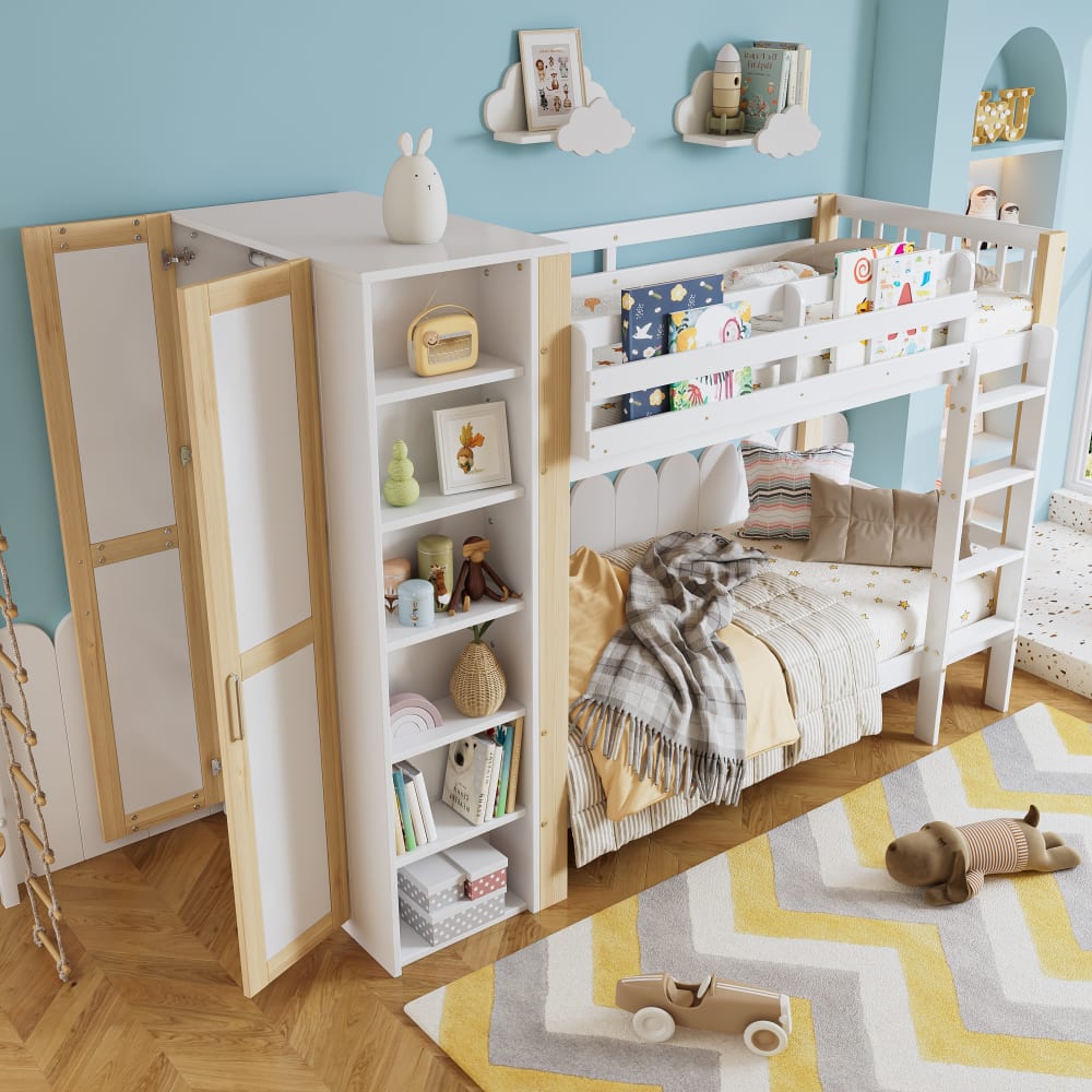MODFU Etagenbett Holz 90x200 cm, weiß und naturfarben mit Stauraum style modern Spanplatte Baby