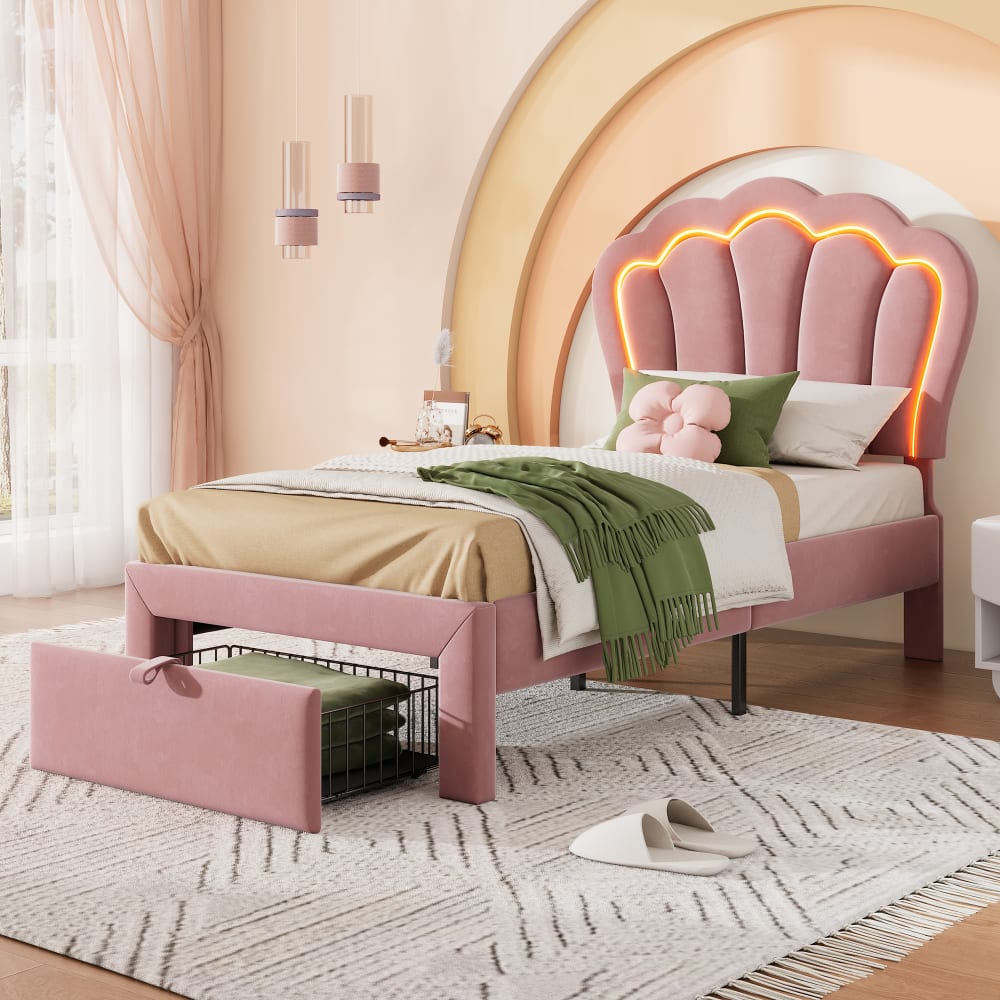 Kinderbett aus Samt 90 x 190 cm mit App-gesteuert LED, Rosa -