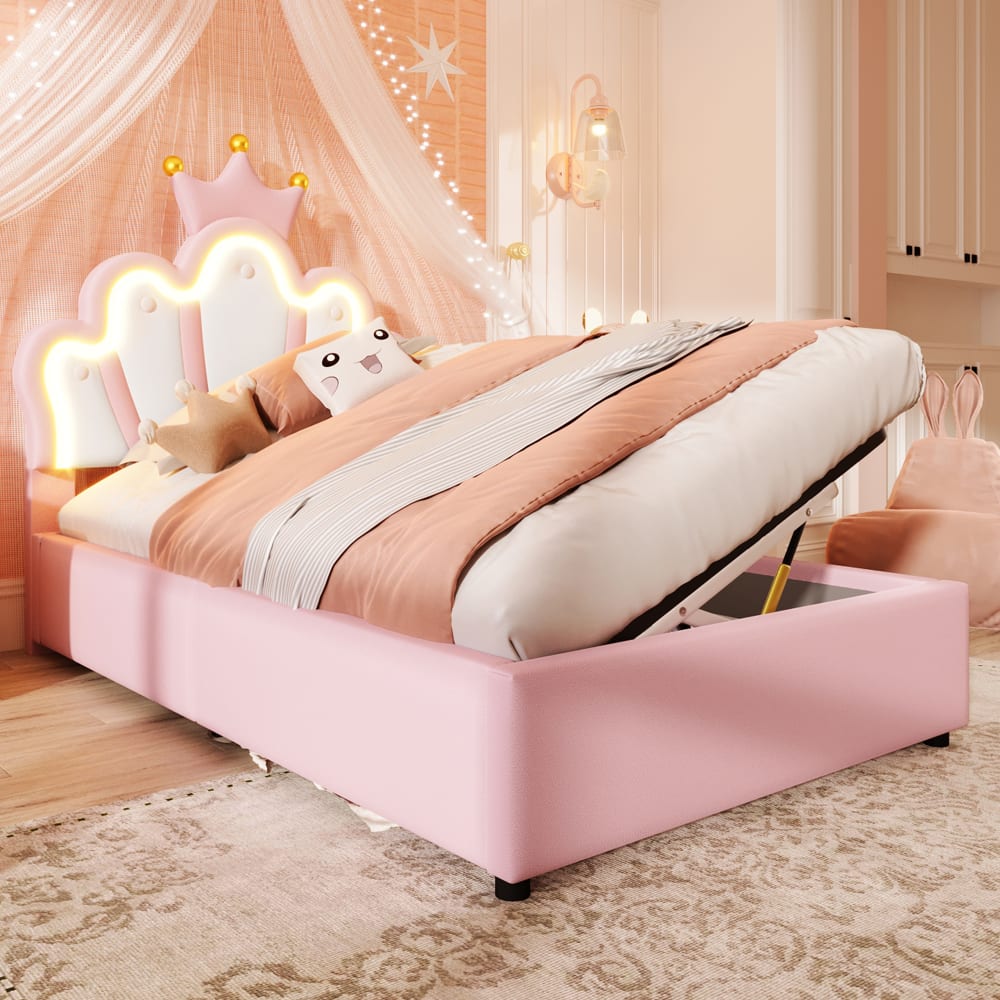 Stauraumbett Leder 90x200 cm, rosa mit LED-Beleuchtung - Maisons