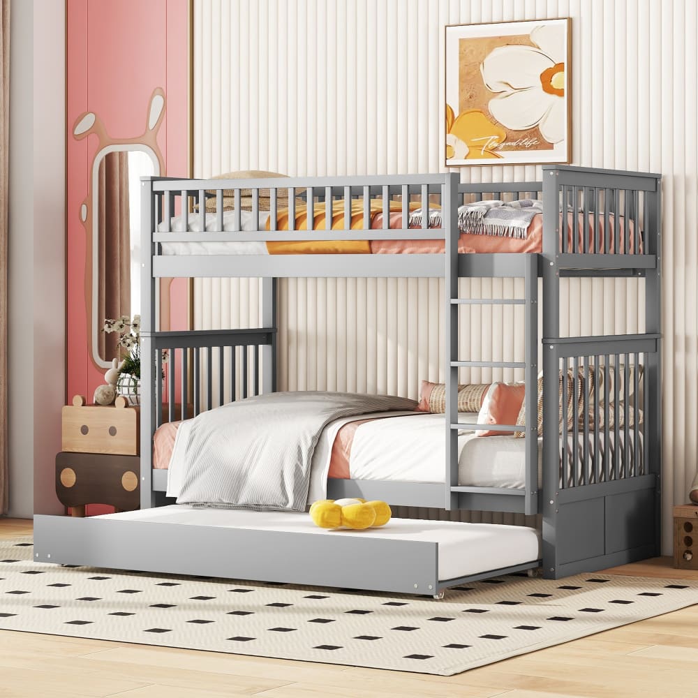 Kinder-Etagenbett Holz 90x200 cm, grau mit Ausziehbett - Maisons
