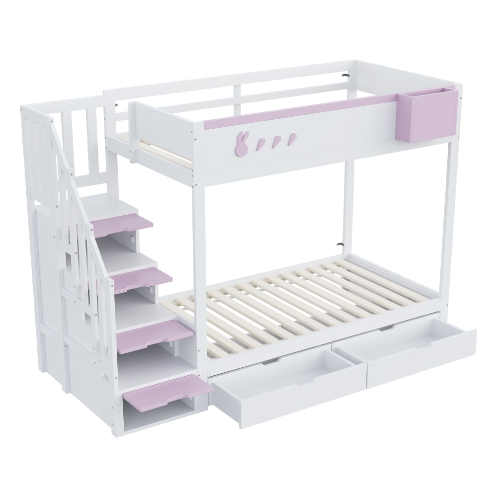 Lit superposé en bois - rose tiroirs