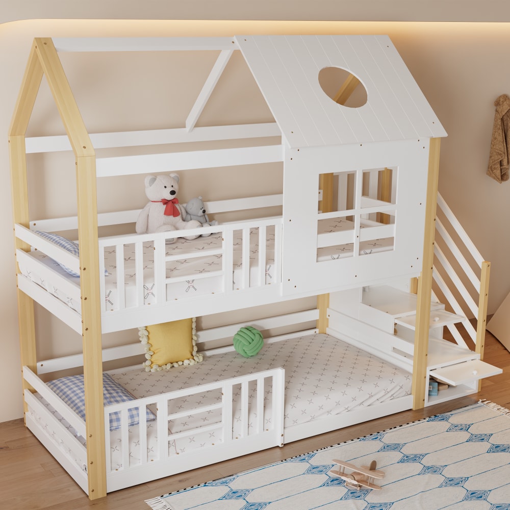 MODFU Hochbett aus weißem und natürlichem Holz 90×200cm mit Lattenrost style modern Spanplatte Baby