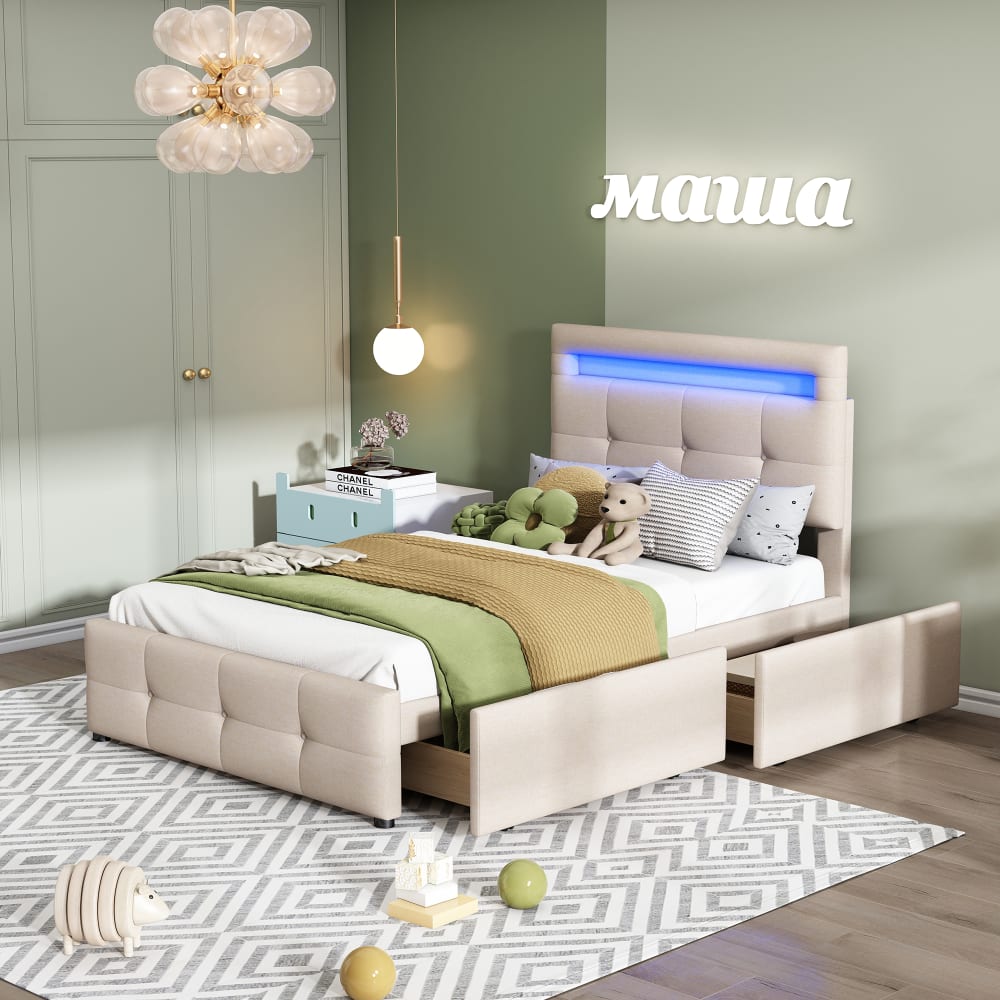 Gepolstertes Kinderbett 90×200 cm, beiges mit 2 Schubladen -