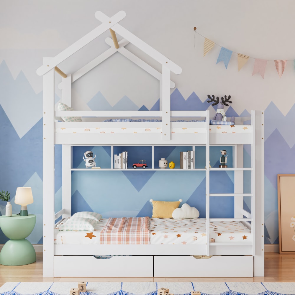 Kinder Etagenbett aus Holz 90x200 cm, weiß mit Schubladen und