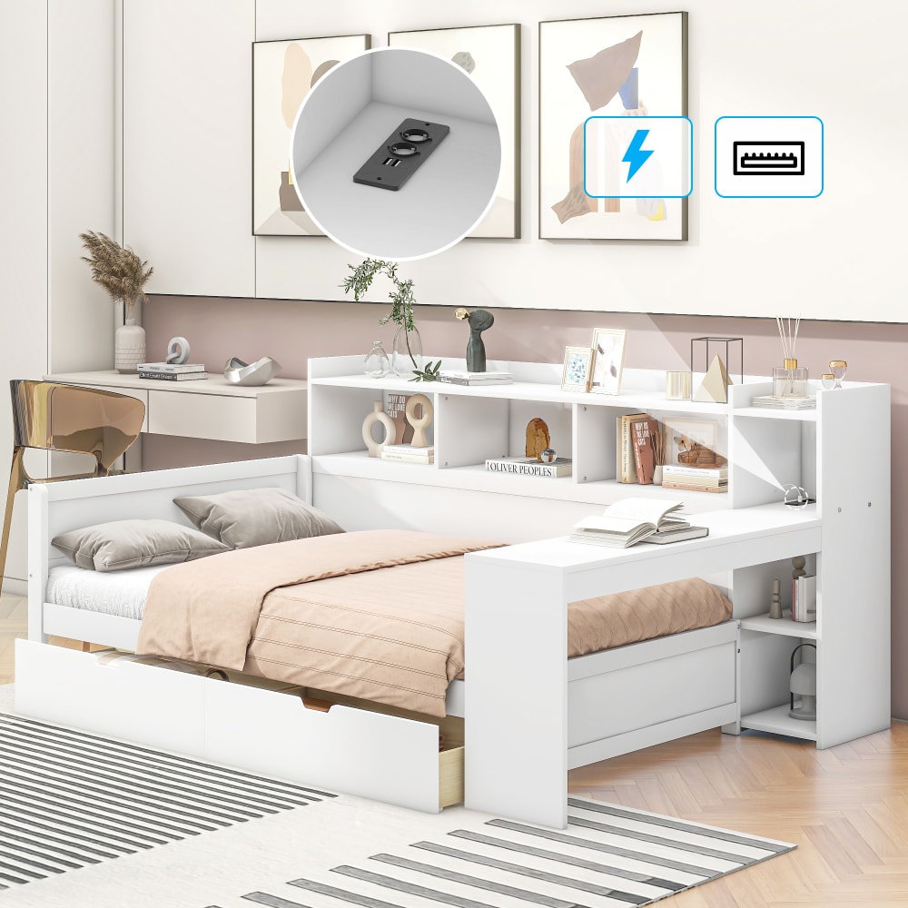 Schlafsofa Spanplatte 90 x 200 cm, weiß mit Steckdose und USB -