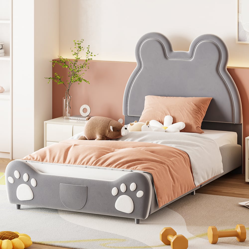 MODFU Kinderbett Velours 90 x 200 cm, grau mit Bären Förmiges Kopfteil style modern Samt Baby