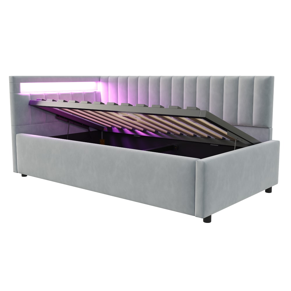 Lit enfant en velours - rangement gris clair