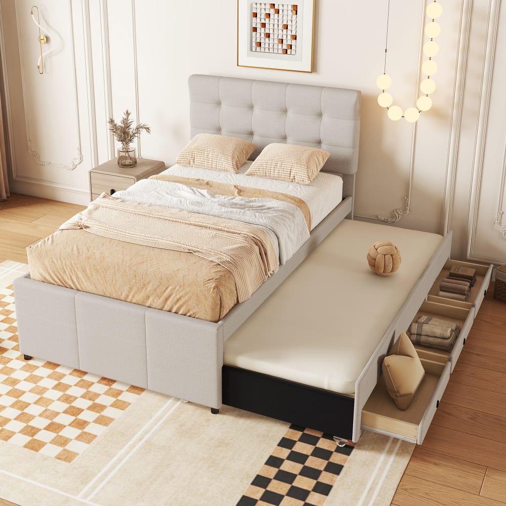 MODFU Kinderbett aus Leinen 90x200 cm mit Ausziehbares, Beige style modern BEIGE LEINEN Baby