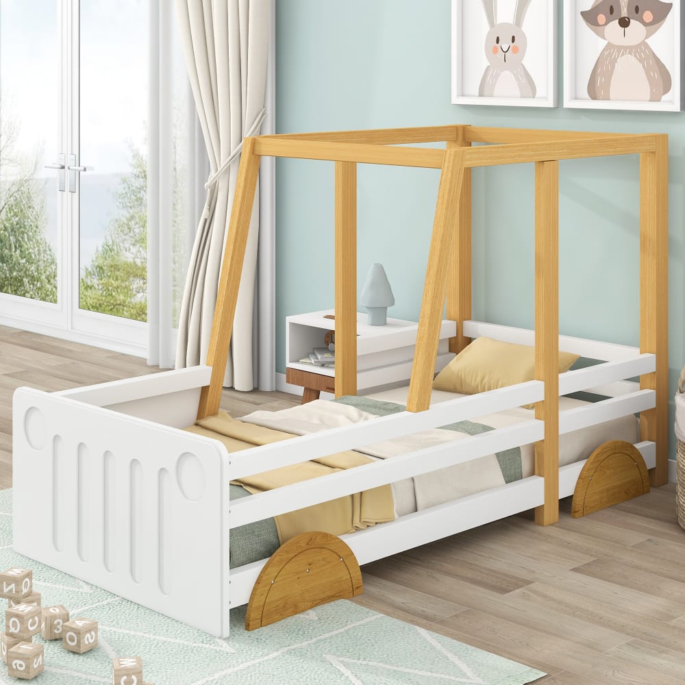 MODFU Kinderbett holz 90x200 cm, weiß mit Rahmen für das Auto-Styling style modern Spanplatte Baby