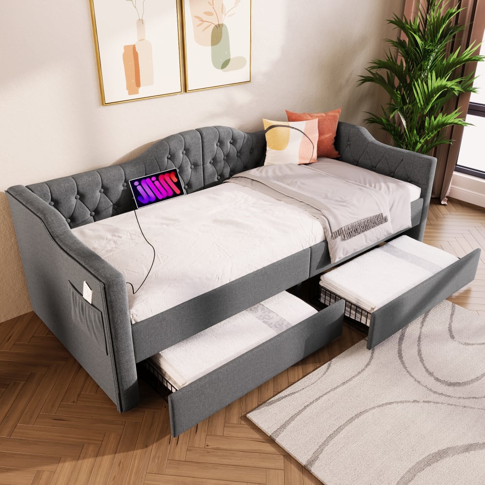 MODFU Kinderschlafsofa leinen 90x200 cm, grauem mit 2 Schubladen style modern Baby -