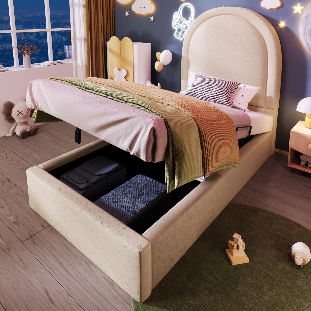 MODFU Kinderbett Kunstleder 90x200 cm, beige mit Stauraum style modern Pvc - Polyvinlychlorid Baby