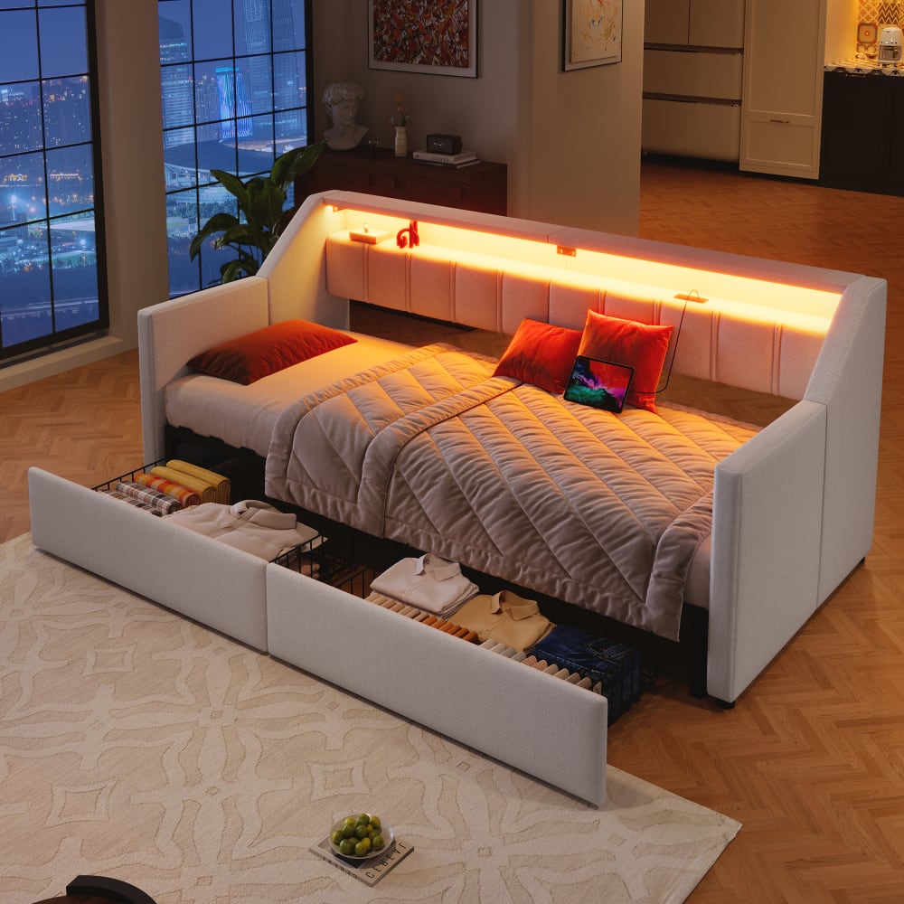 MODFU Kinderbett mit Stauraum & Ausziehbett aus Leinen 90x200 cm, beige style modern Leinen Baby