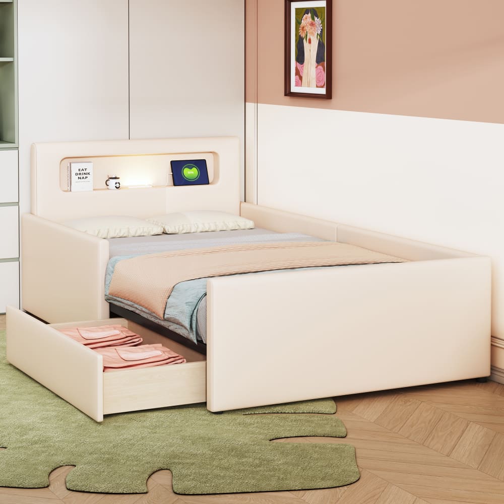 MODFU Kinderbett aus Kunstleder 90x200 cm mit Nachtlicht und USB, Beige style modern BEIGE HARZ Baby