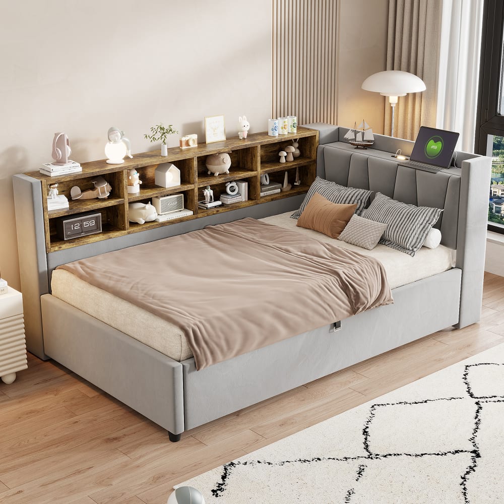 MODFU Schlafsofa aus Samt 90 x 200 cm, hellgrau USB und Typ-C style modern Samt Baby