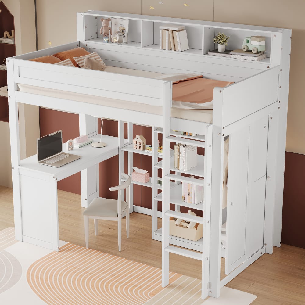 Kinder-Etagenbett Holz 90x200 cm, weiß mit Tisch und