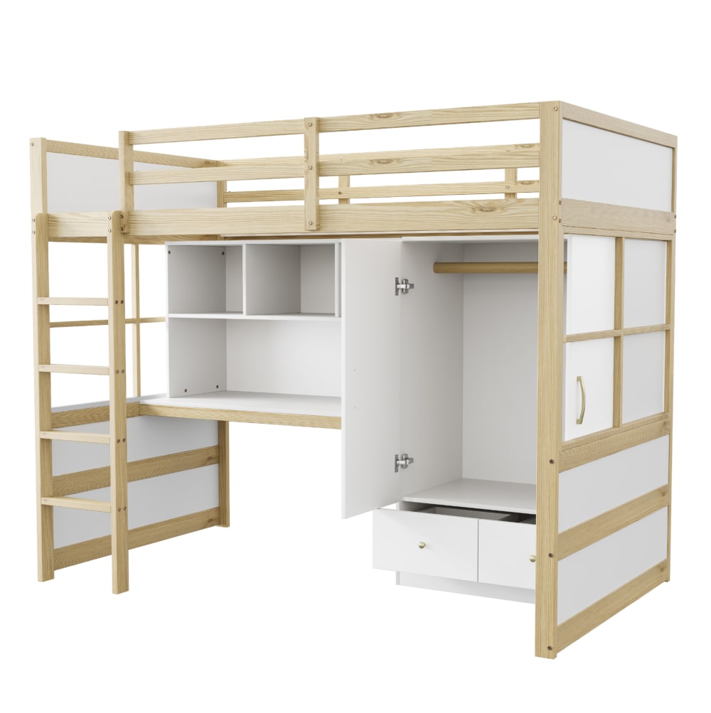 Lit mezzanine enfant 90x200 cm avec échelle et tiroirs, couleur bois