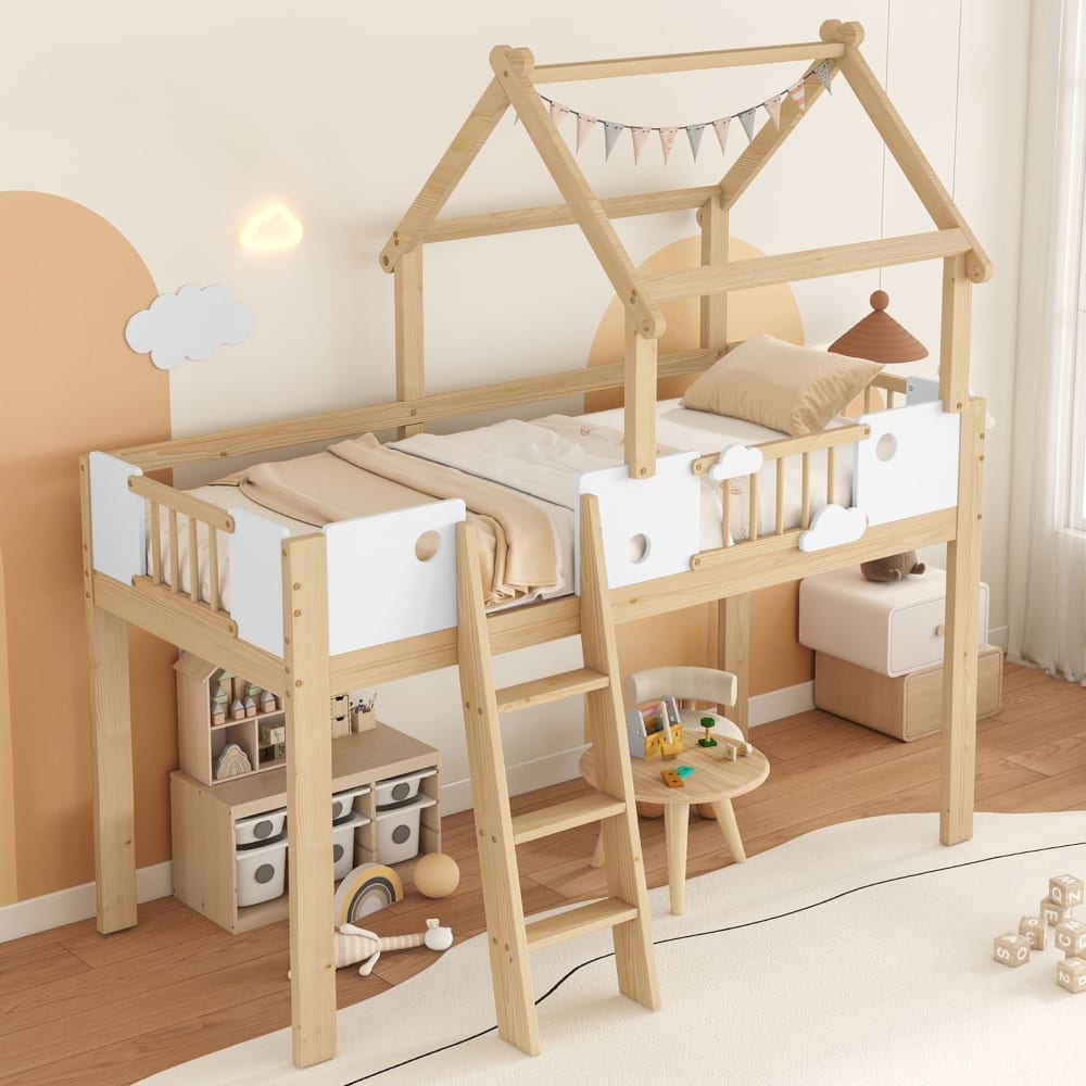 Hochbett aus weißem und natürlichem Holz 90×200 cm mit Schutz -