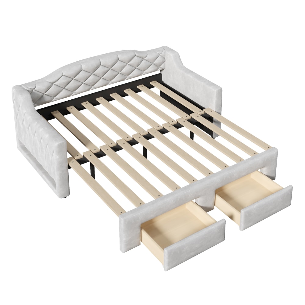 Ausziehbares Polsterbett mit 2 Schubladen und LED 90x200 Grau -