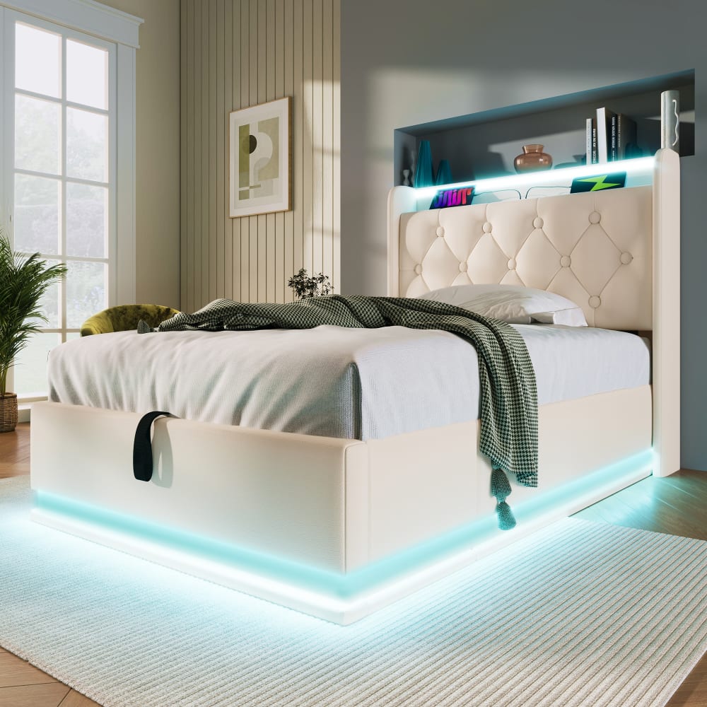 Bett mit Stauraum 90×200 cm PU, weißes mit LED - Maisons Du Monde