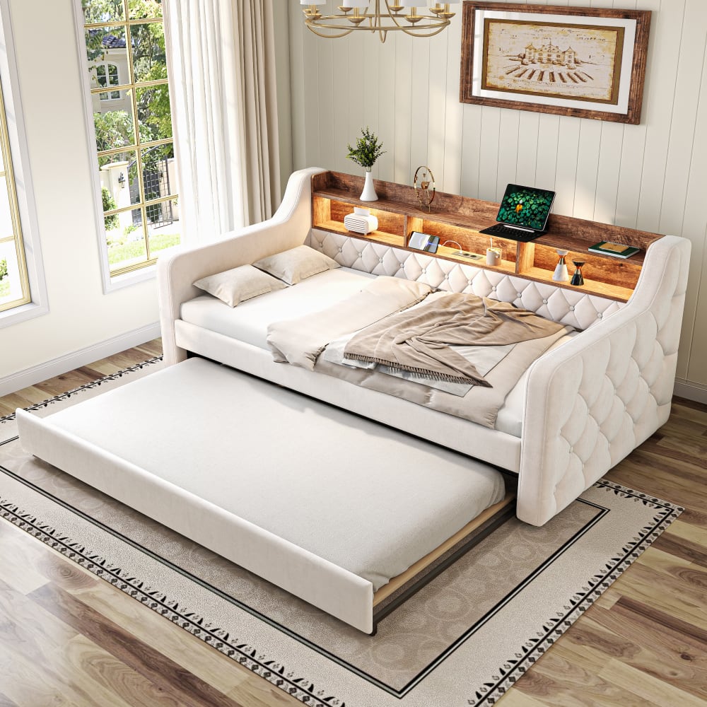 Kinderbett aus Samt 90x190 cm, beige mit Ausziehfunktion und LED