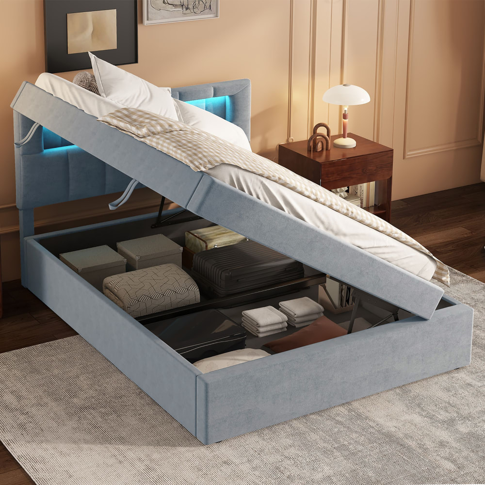 Hochbett mit Schreibtisch, Regal, LED Metall 140x200 cm, Schwarz
